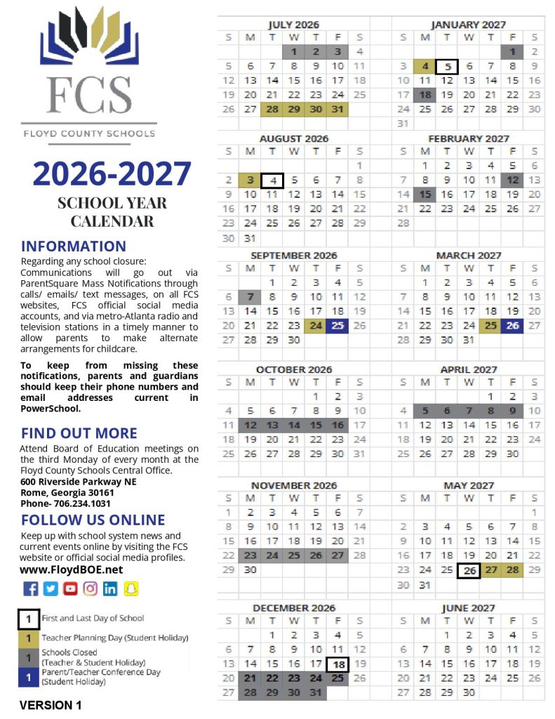 Floyd County Schools Calendar 2026-2027