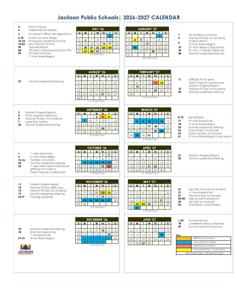 Jackson Public Schools Calendar 2026-2027