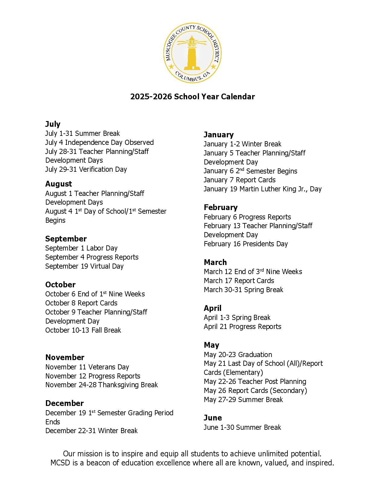 Muscogee County Schools Calendar for 2025 2026 Year Muscogee County Schools Calendar for 2025 2026 Year