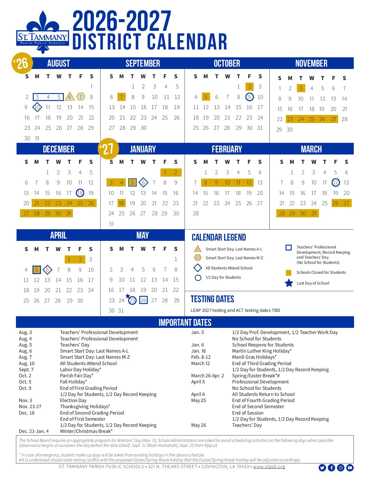 St Tammany Parish Schools Calendar 2026-2027 | Download PDF
