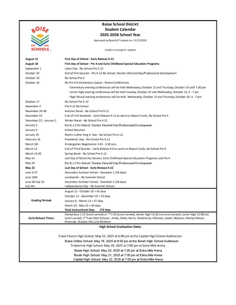 Boise School District Calendar 2025