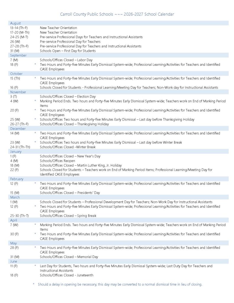 Carroll County Public Schools Calendar 2026-2027