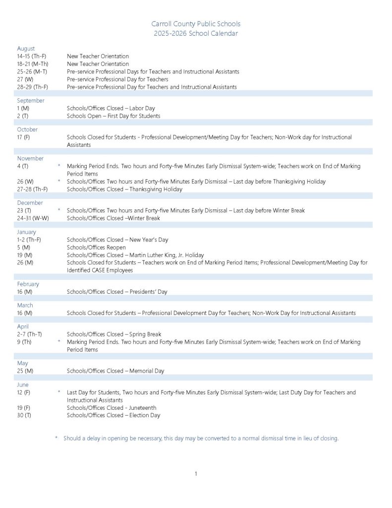 Carroll County Public Schools Calendar 2025-2026