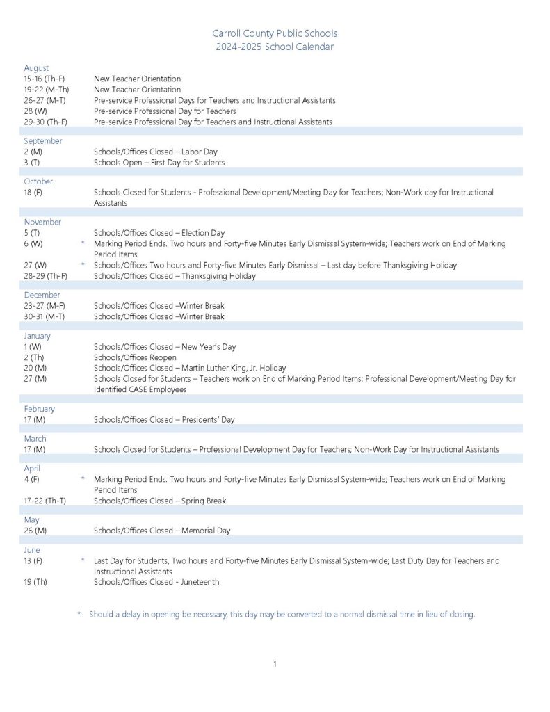 Carroll County Public Schools Calendar