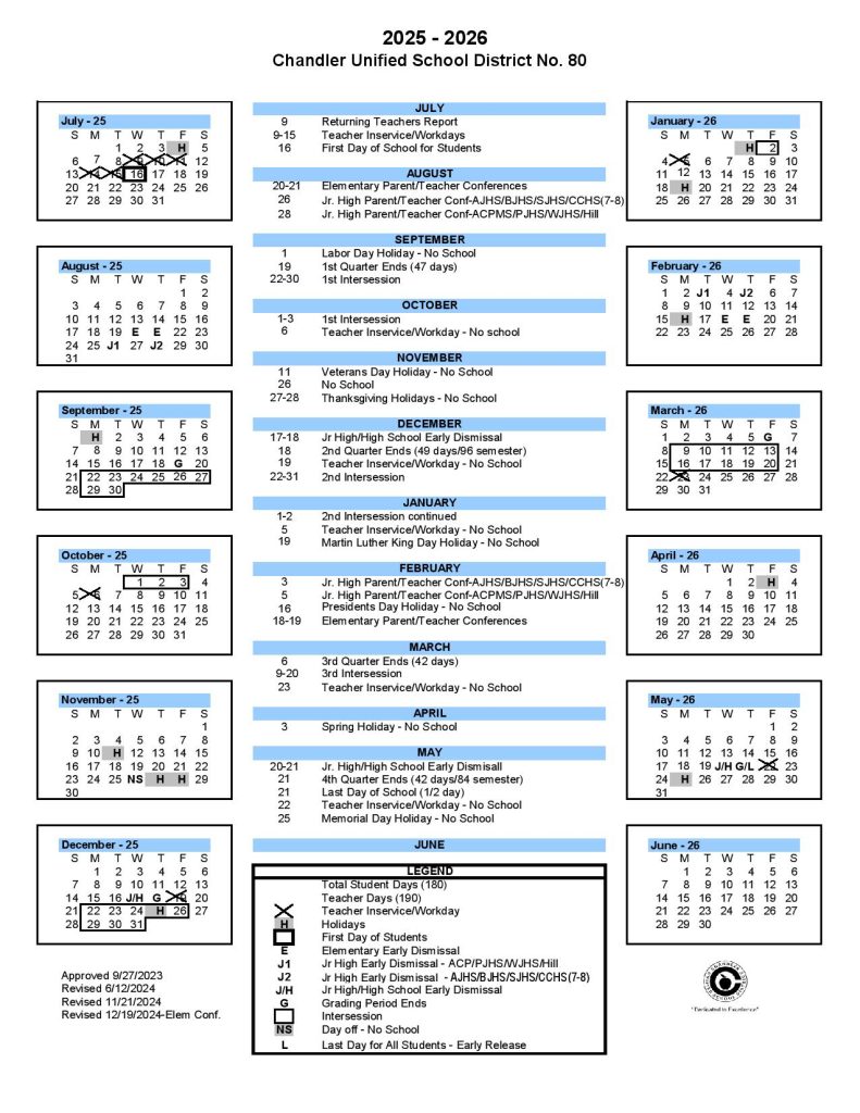 Chandler Unified School District Calendar 2025-2026
