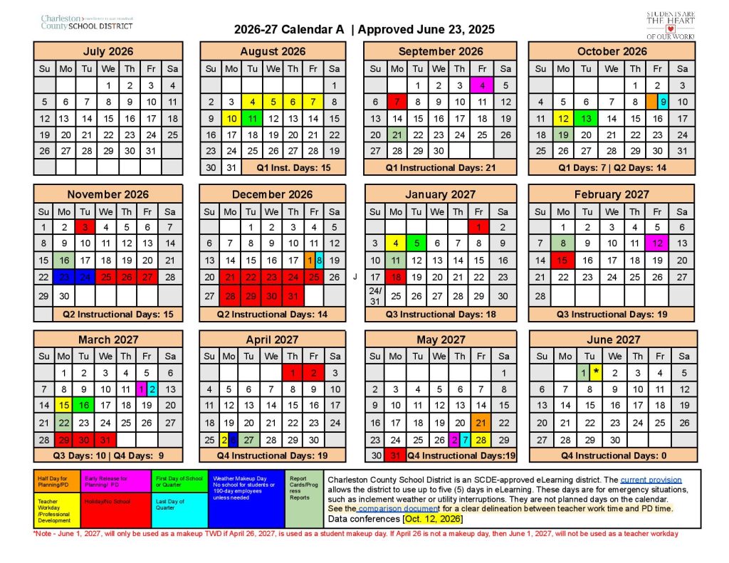 Charleston County School District Calendar 2026-2027
