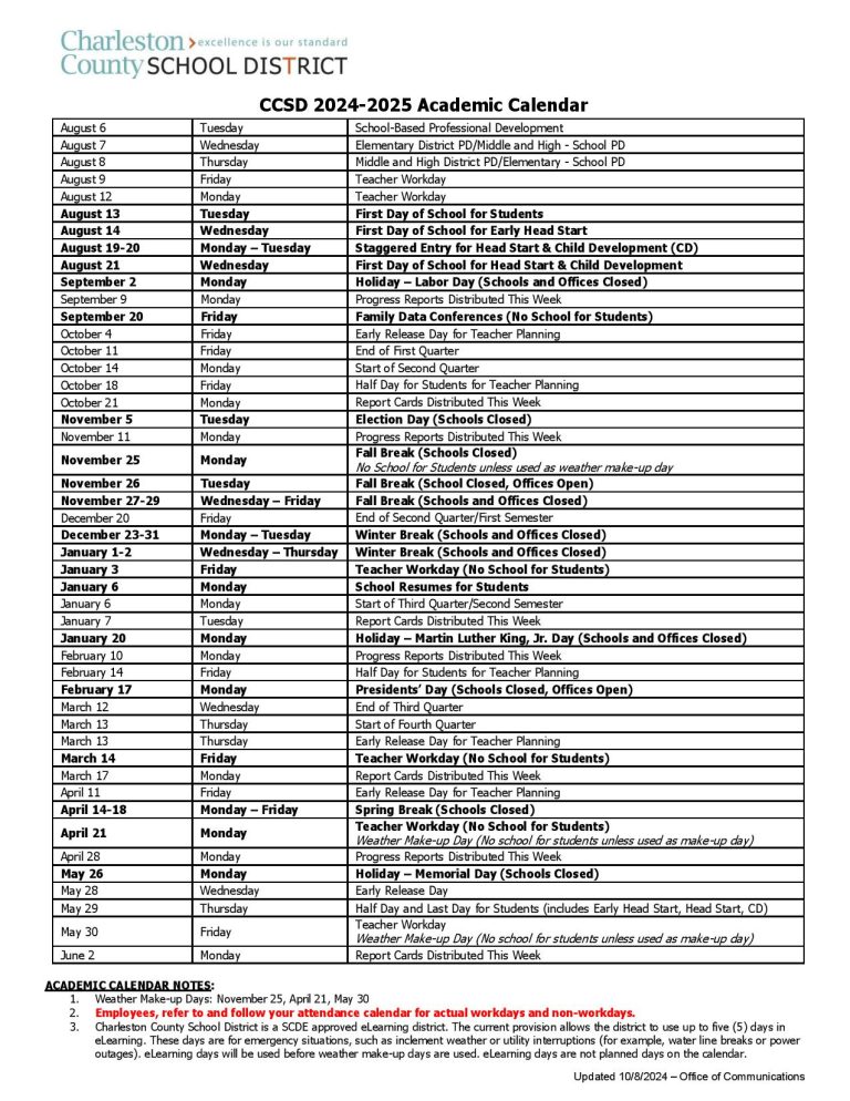 Charleston County School District Calendar 20242025 Holidays