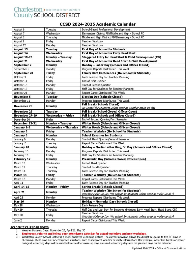 Charleston County School District Calendar