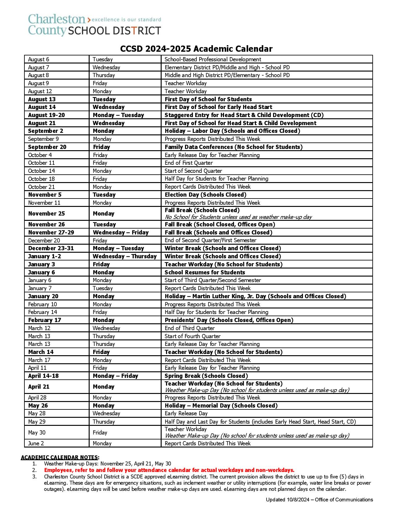 Charleston County School District Calendar 20242025 Holidays