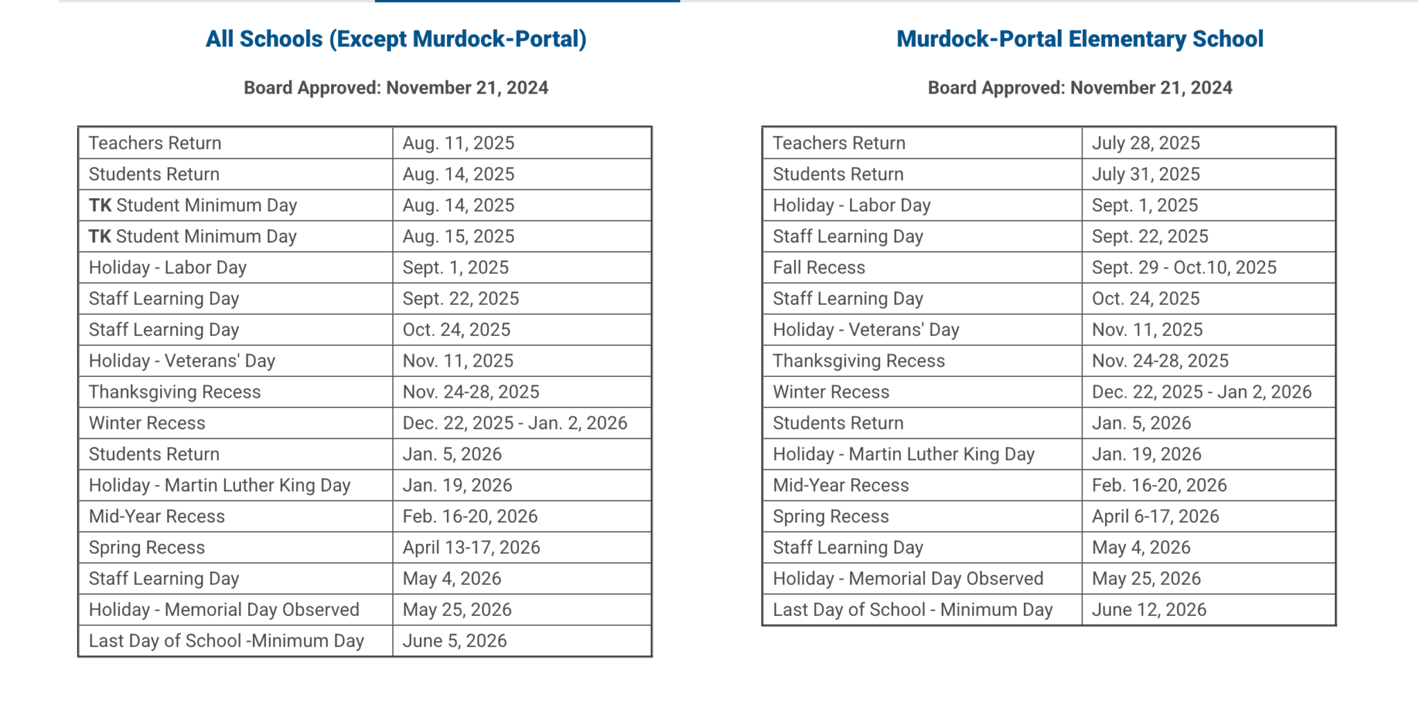 Cupertino Union School District Calendar 25 26 CUSD Holidays