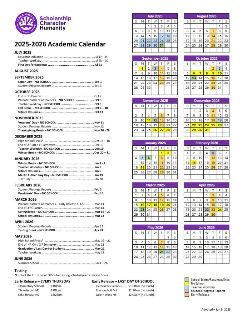 Lake Havasu Unified School District Calendar 2025-2026
