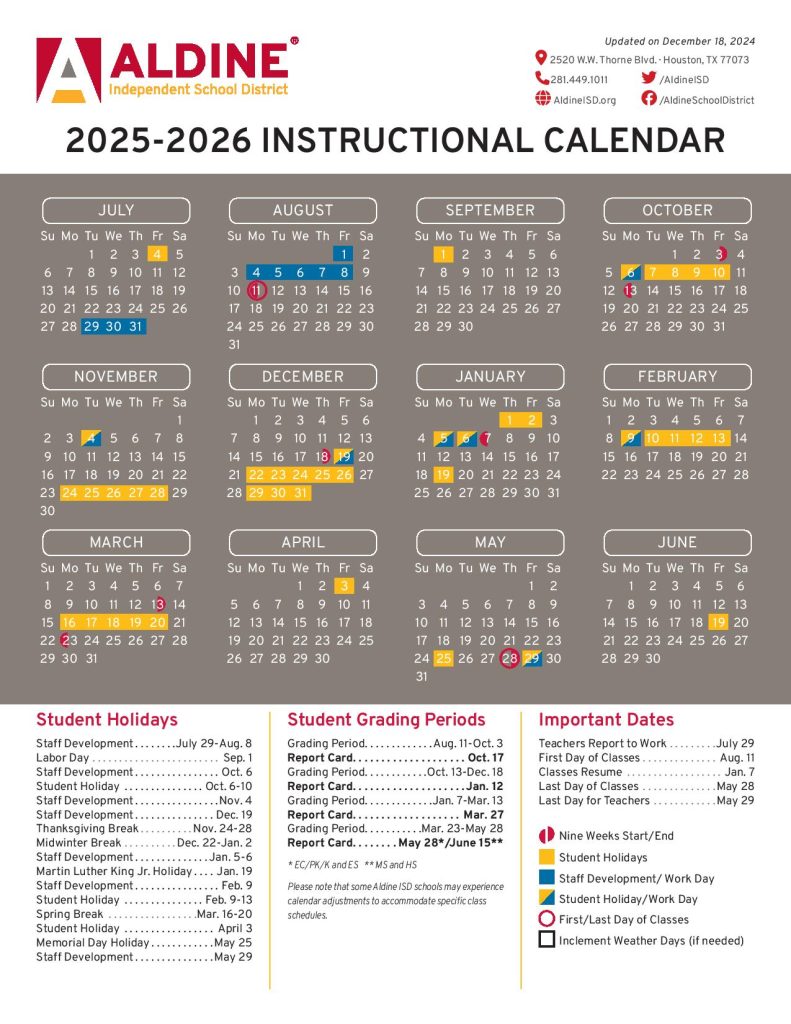 Aldine Independent School District Calendar 2025