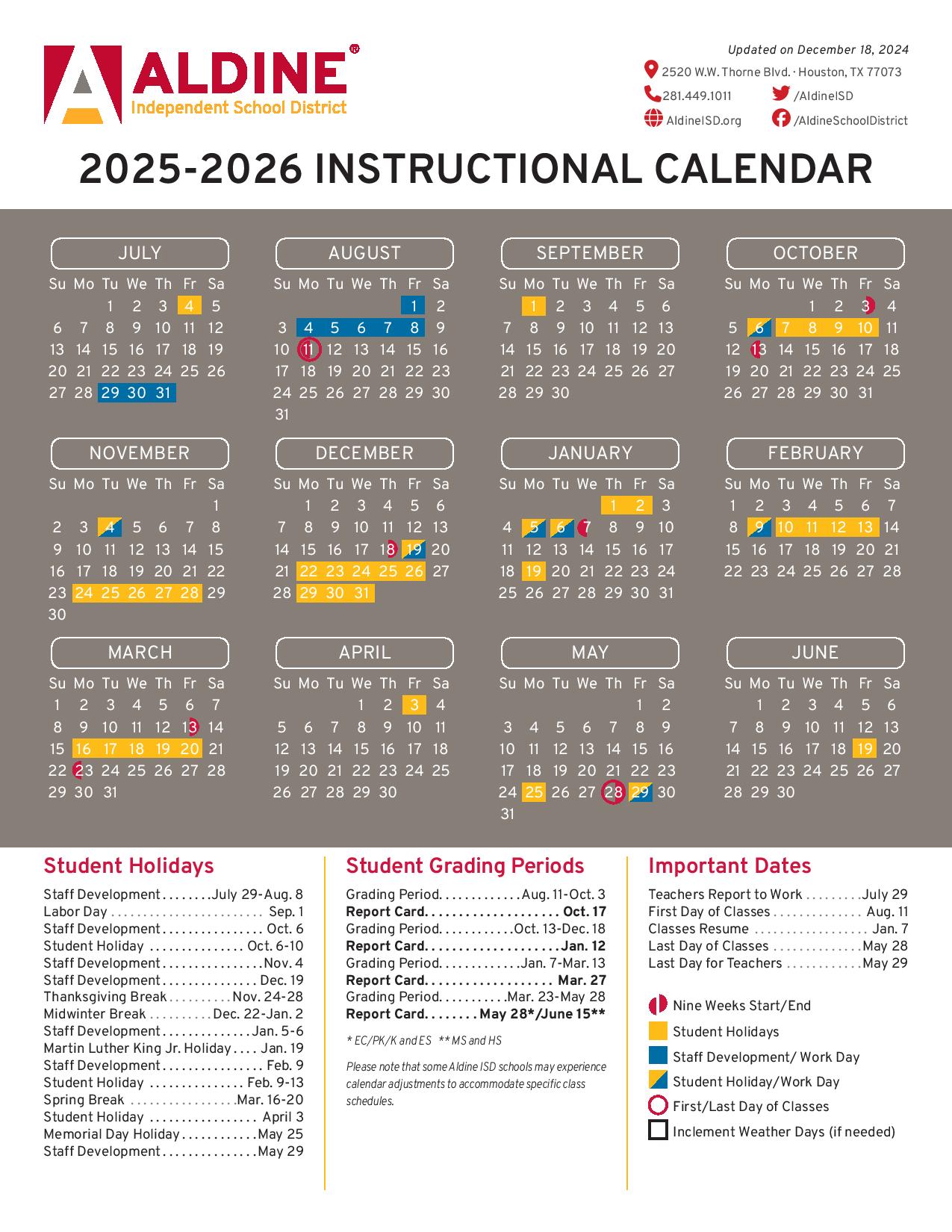 Aldine Isd Calendar: Holidays, Breaks, And More! - sqci10q