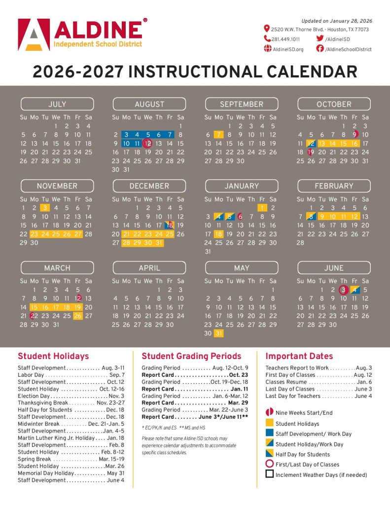 Aldine Independent School District Calendar 2026-2027
