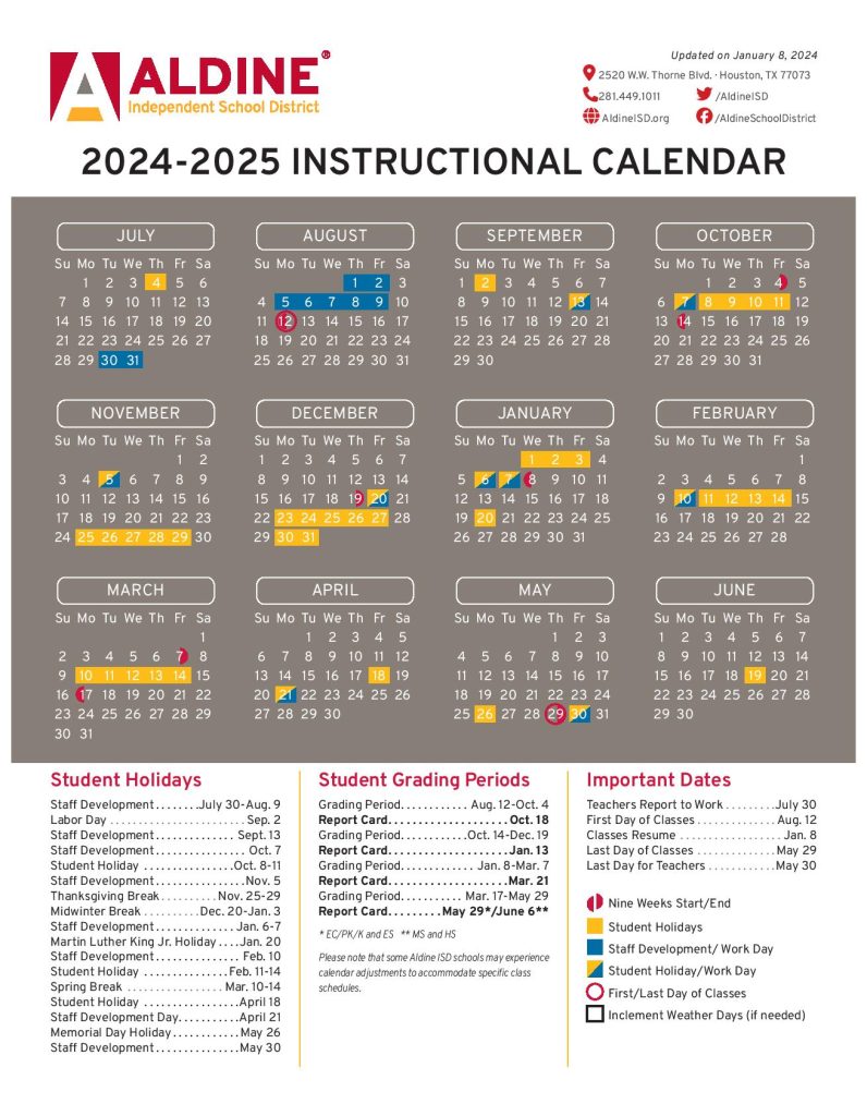 Aldine Independent School District Calendar 2024-2025