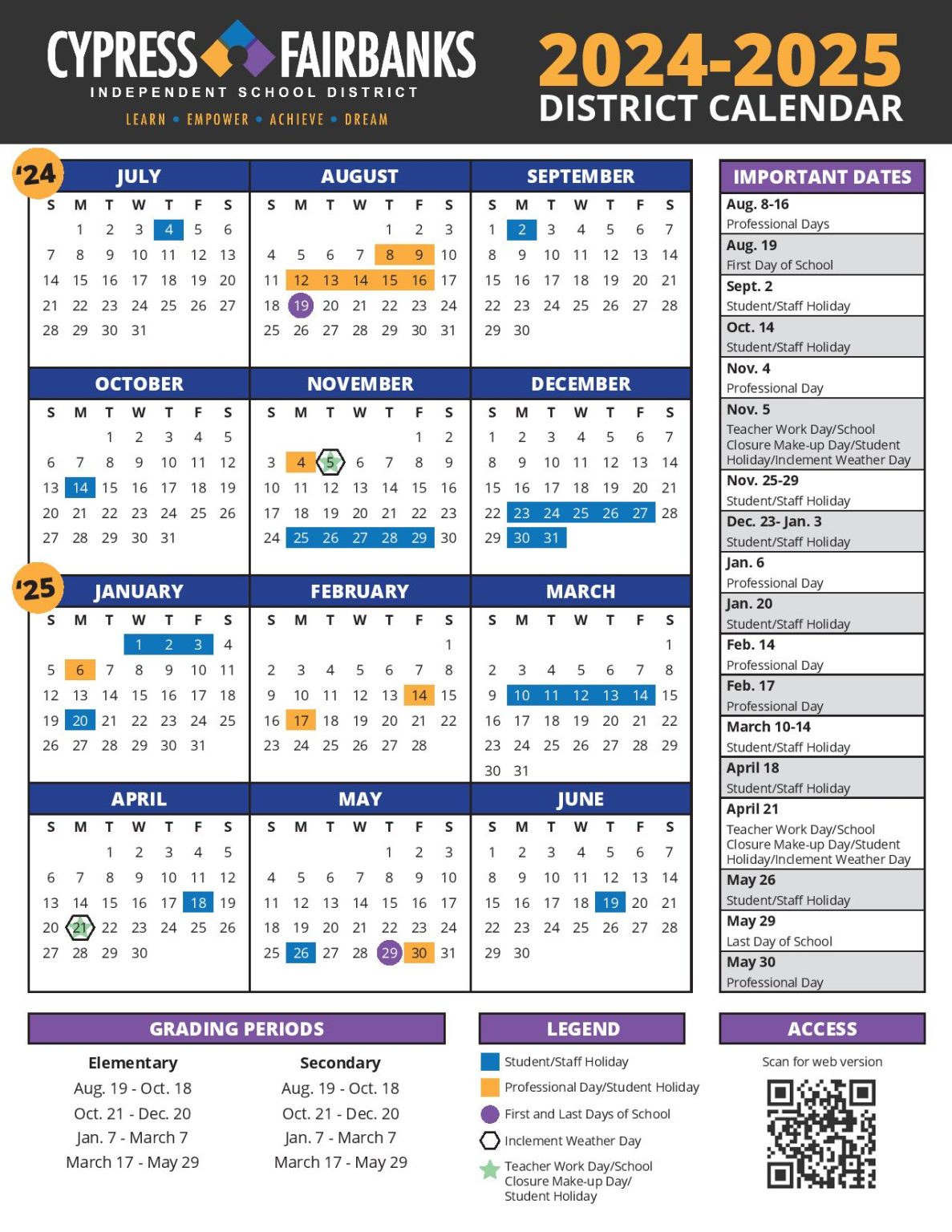 Cypress Fairbanks ISD Calendar 2025 2026 Holidays