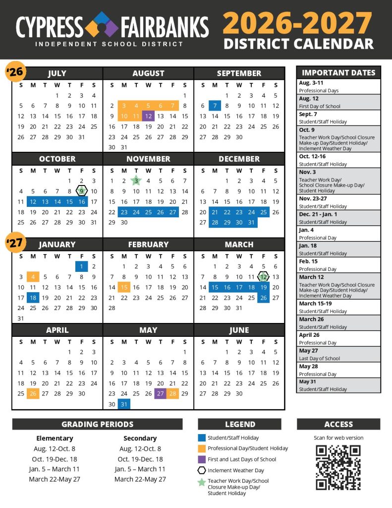 Cypress Fairbanks ISD Calendar 2026-2027