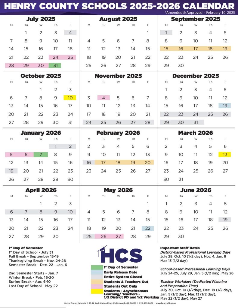 Henry County Schools Calendar 2025-2026