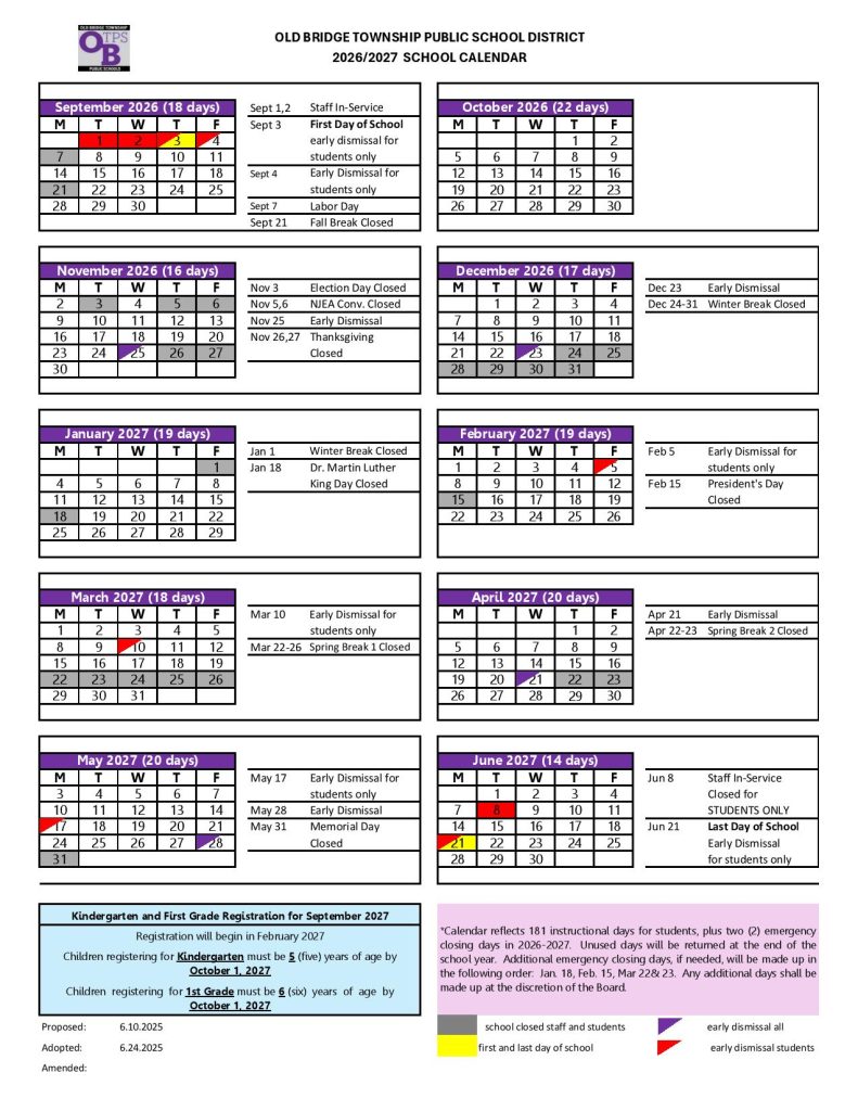 Old Bridge Township Public Schools Calendar 2026-2027