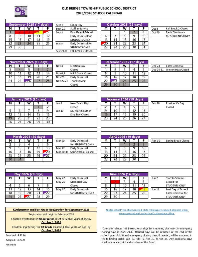 Old Bridge Township Public Schools Calendar 2025-2026