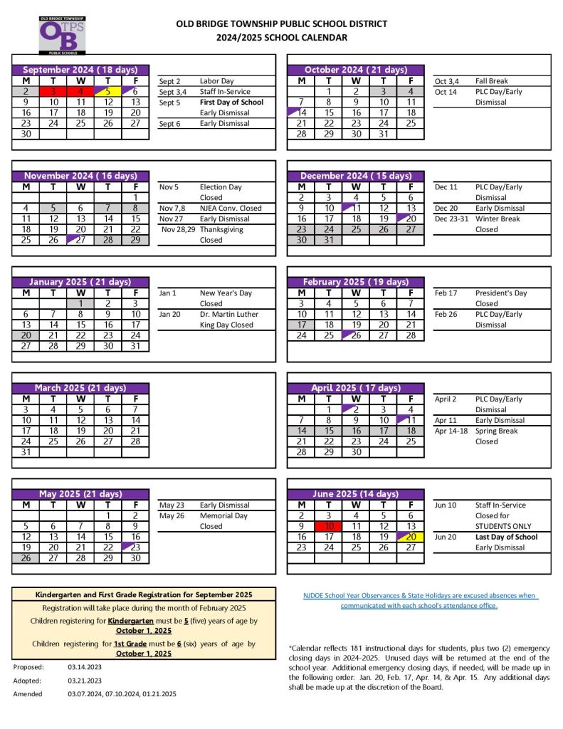 Old Bridge Township Public Schools Calendar