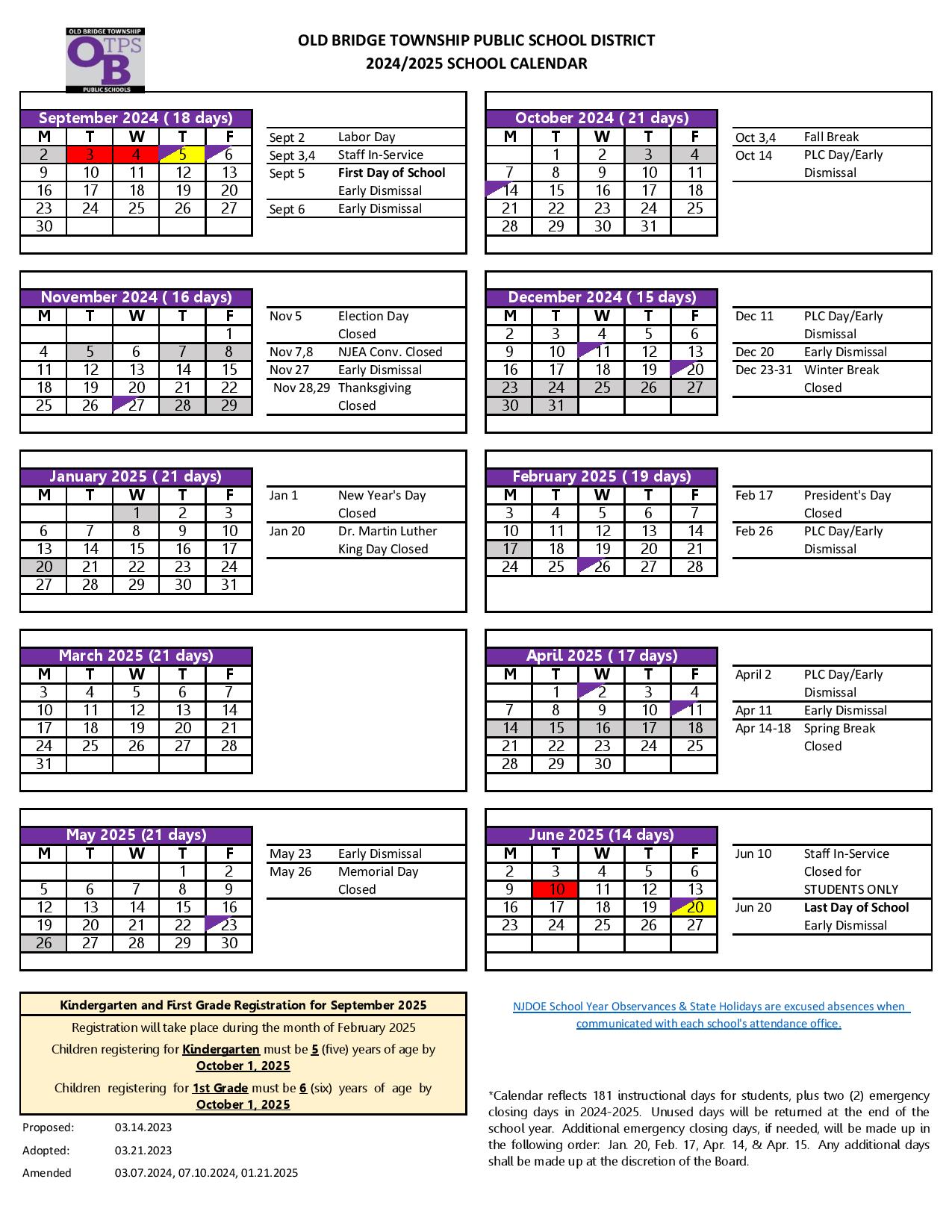 Old Bridge Township Public Schools Calendar 2025 Holidays