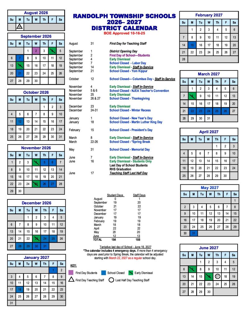 Randolph Township Schools Calendar 2026-2027