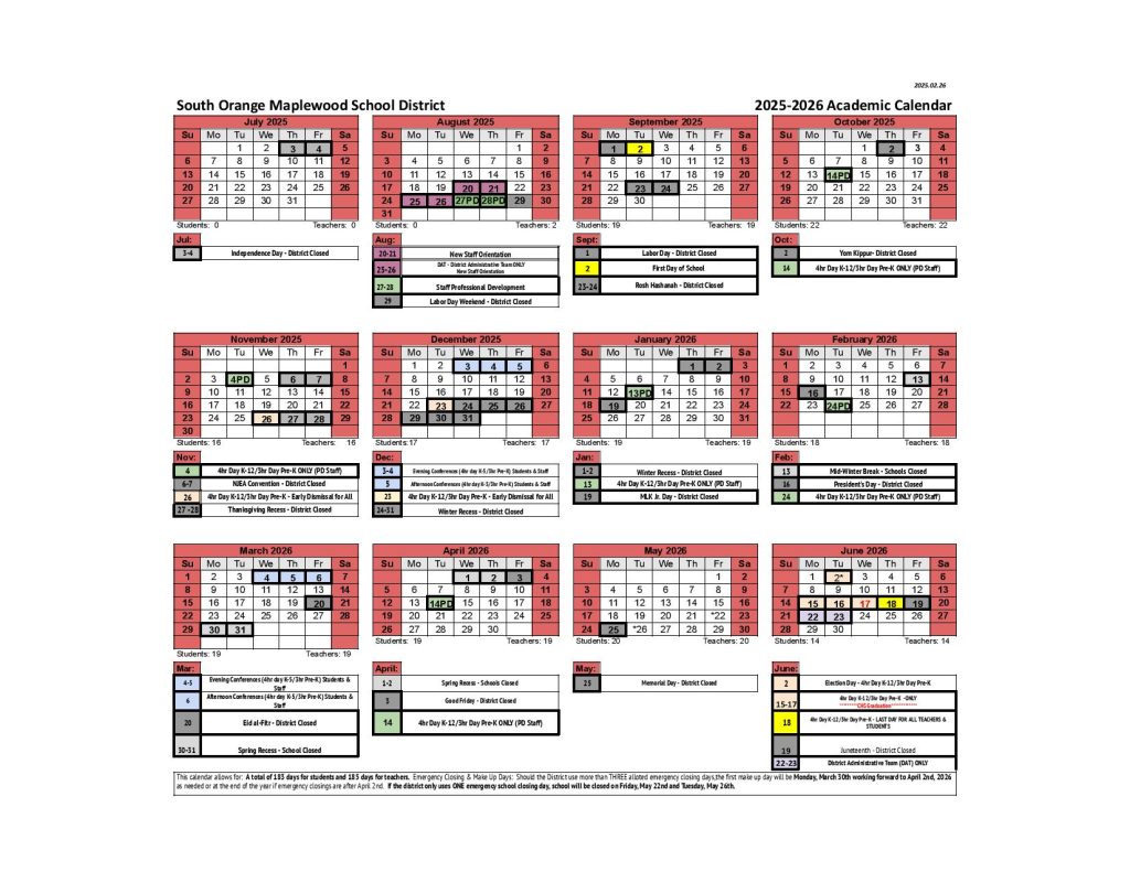 South Orange Maplewood School District Calendar 2025-2026