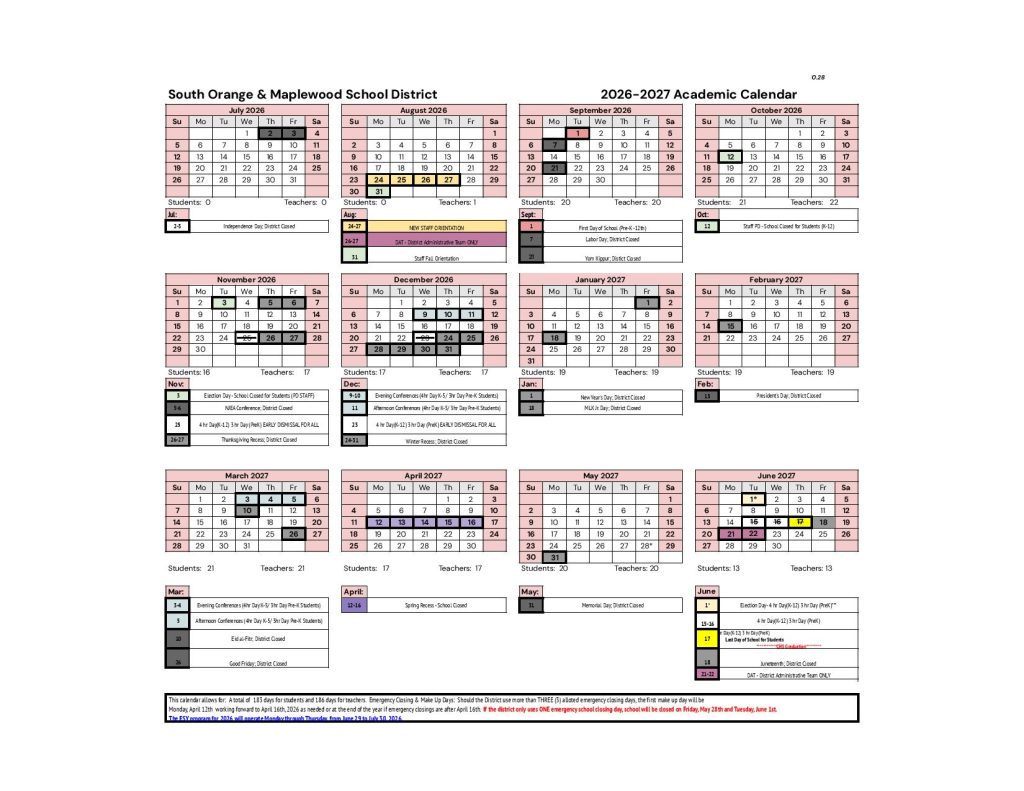 South Orange Maplewood School District Calendar 2026-2027