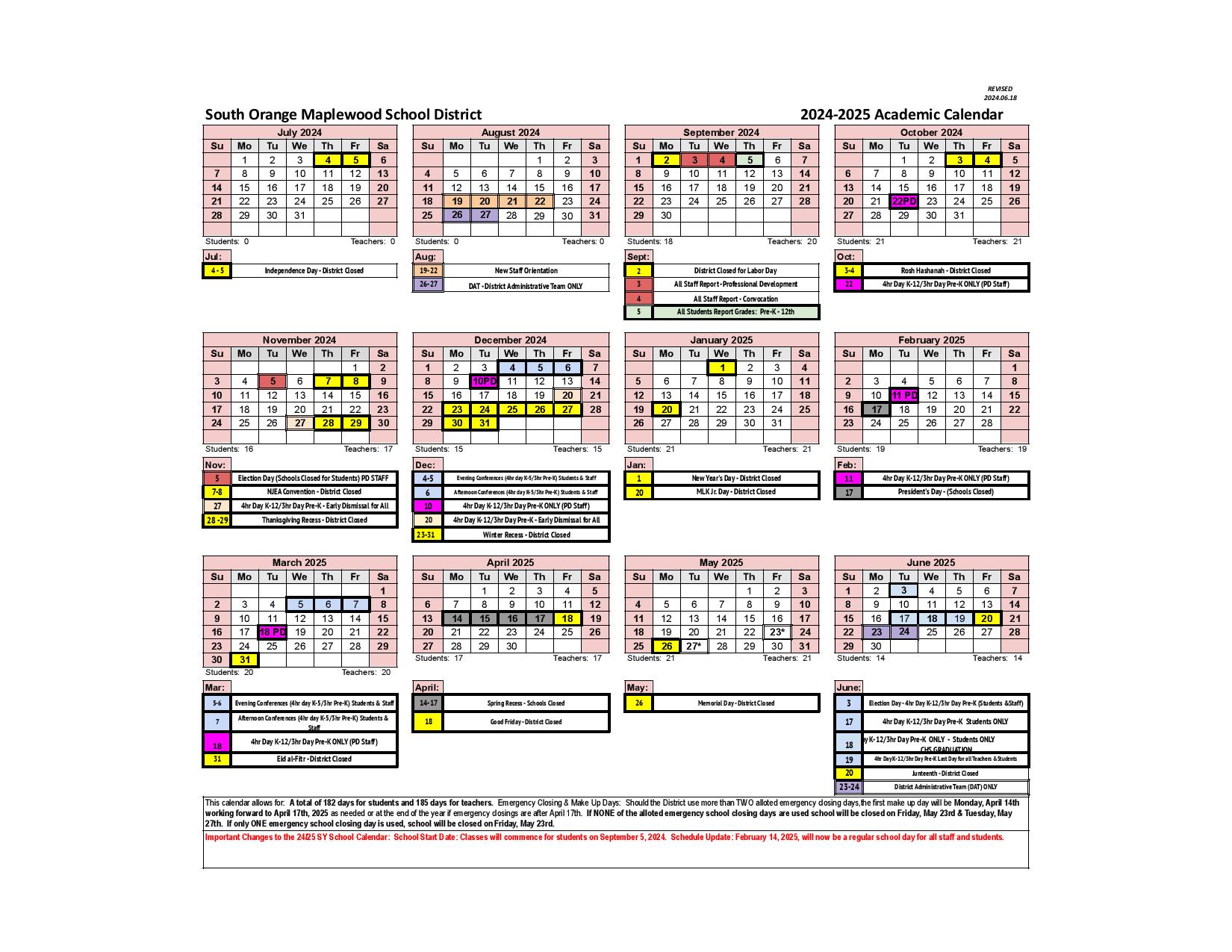 South Orange Maplewood School District Calendar 2025-2026