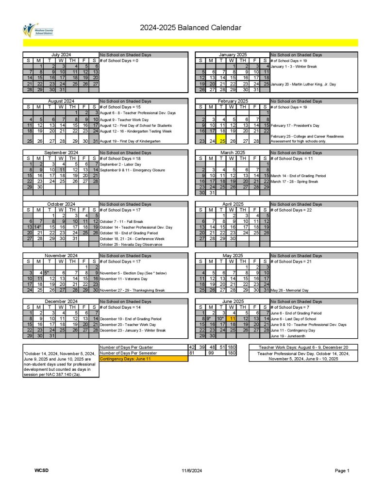 Washoe County School District Calendar