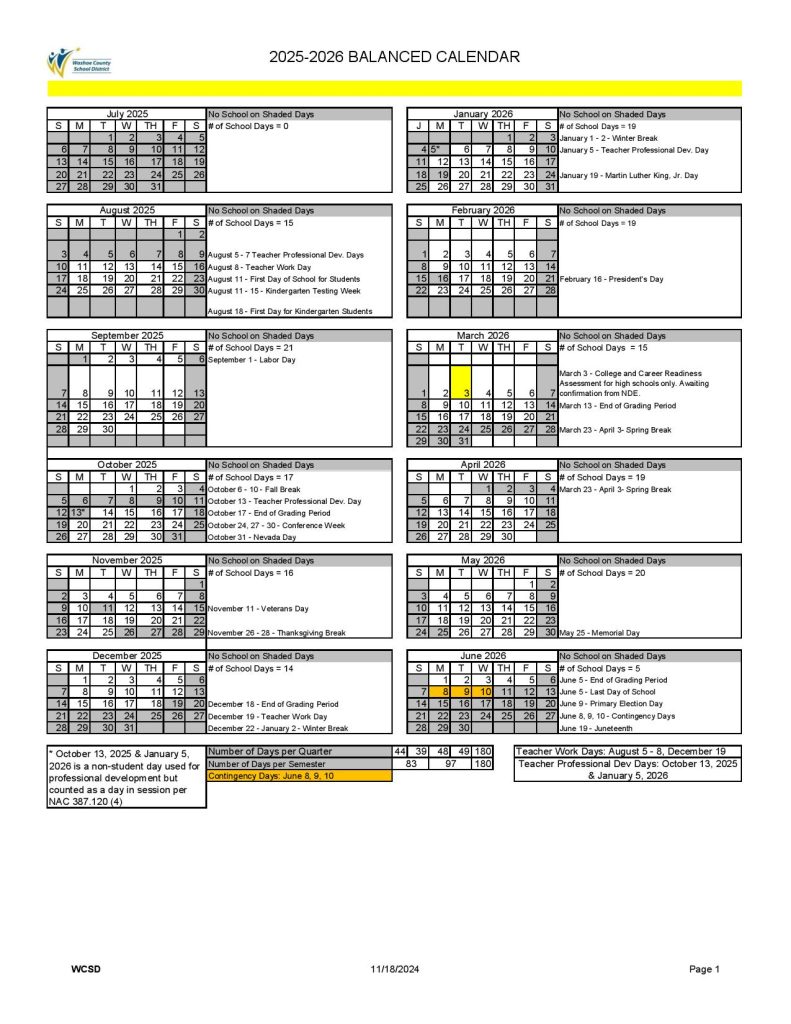 Washoe County School District Calendar 2025-2026