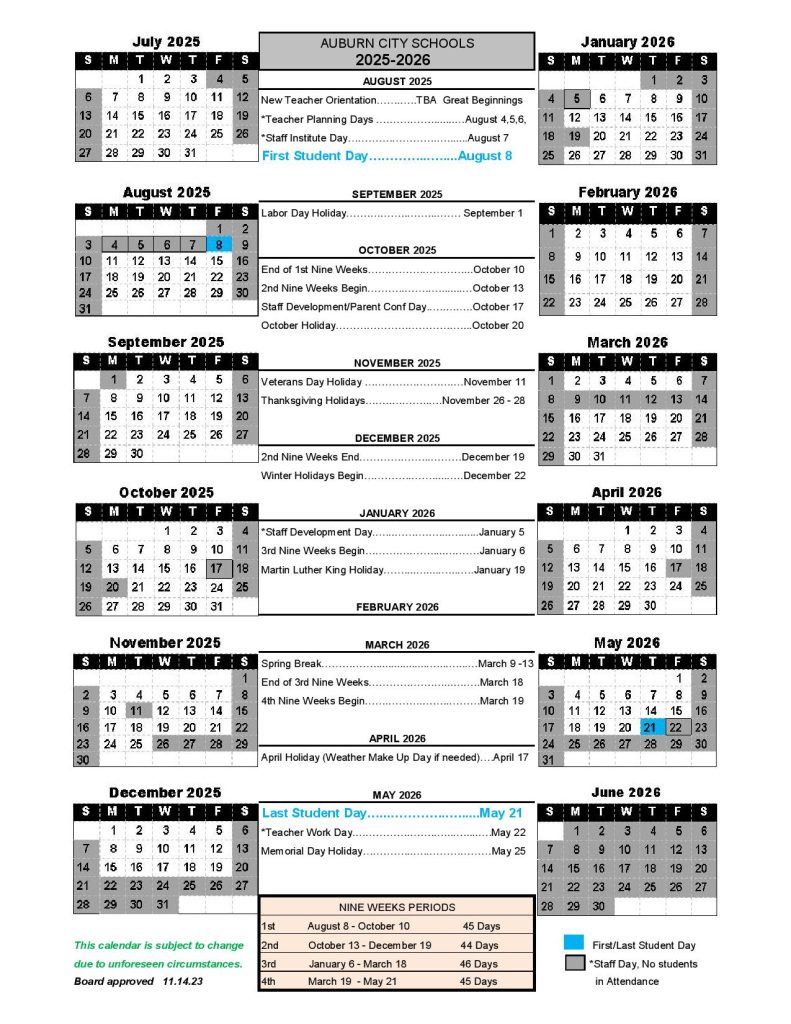 Auburn City Schools Calendar 2025-2026