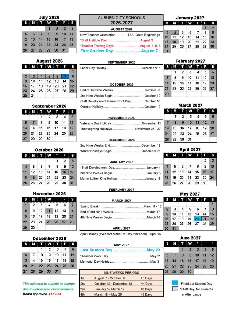 Auburn City Schools Calendar 2026-2027