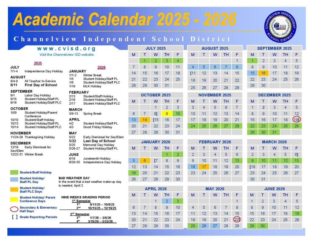 Channelview Independent School District Calendar 2025-2026