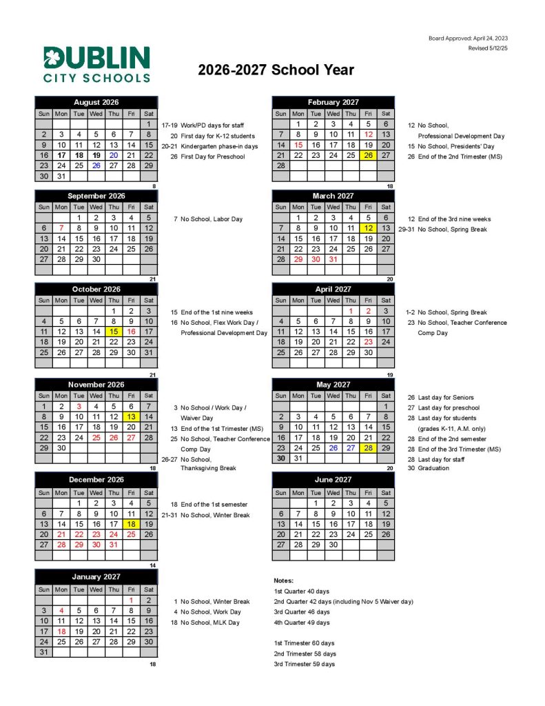 Dublin City School District Calendar 2026-2027