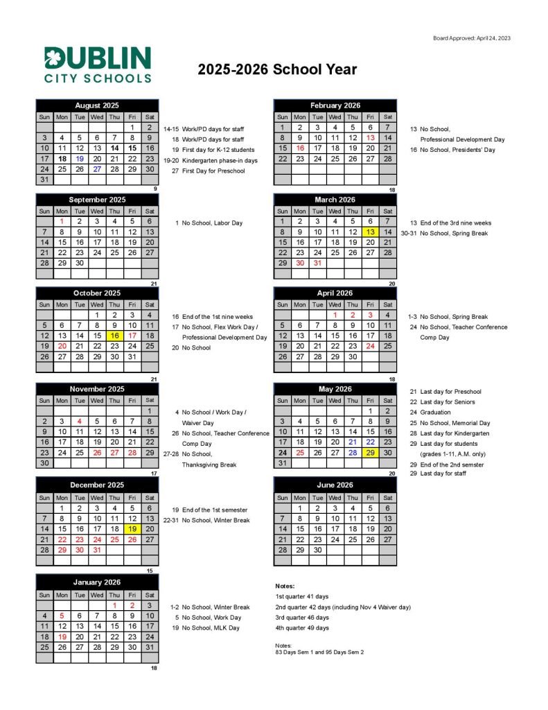 Dublin City School District Calendar