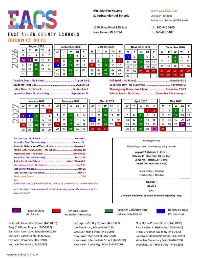 East Allen County Schools Calendar 2026-2027