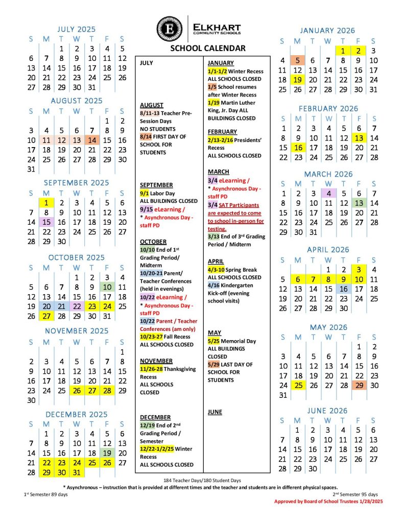 Elkhart Community Schools Calendar 2025-26