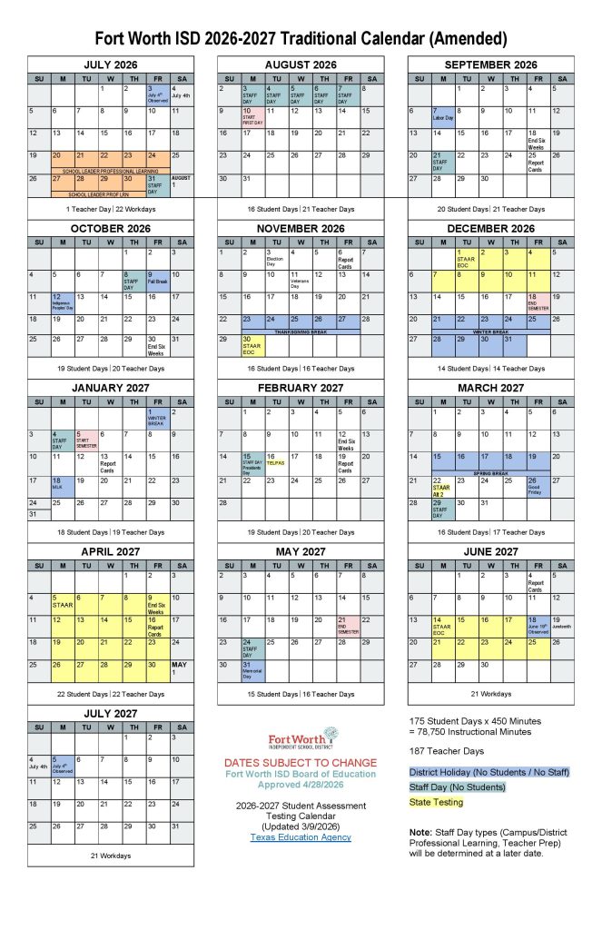 Fort Worth Independent School District Calendar 2026-2027