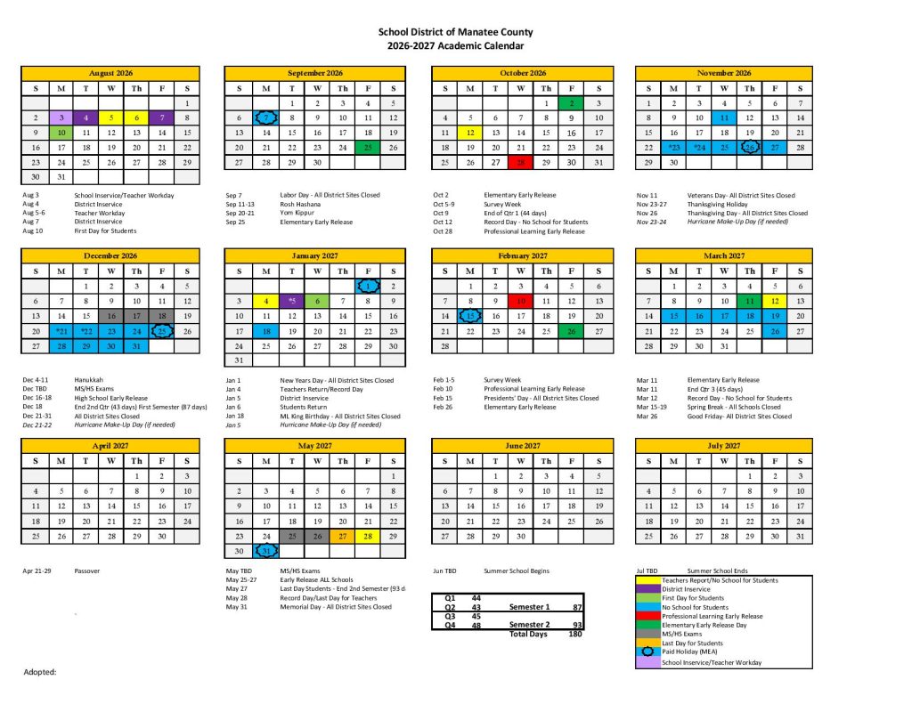 Manatee County School District Calendar 2026-2027