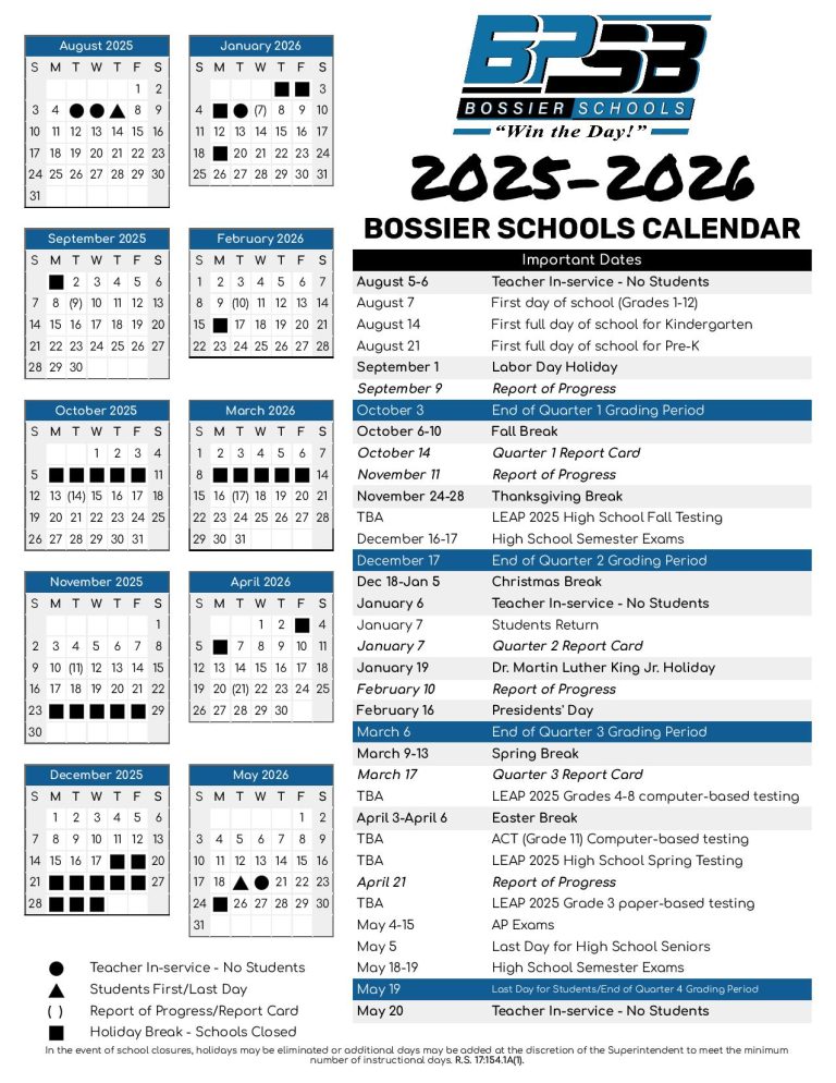 Bossier Parish Schools Calendar 2025 2026 Holidays Bossier Parish Schools Calendar 2025 2026 Holidays