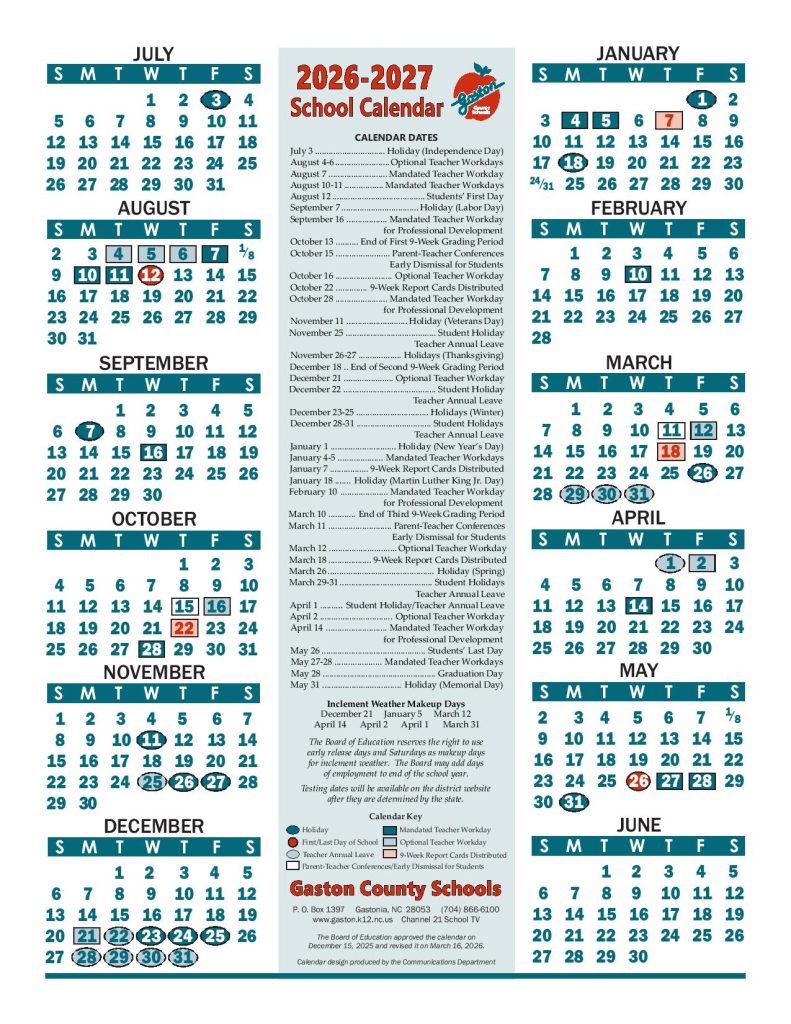 Gaston County Schools Calendar 2026-2027