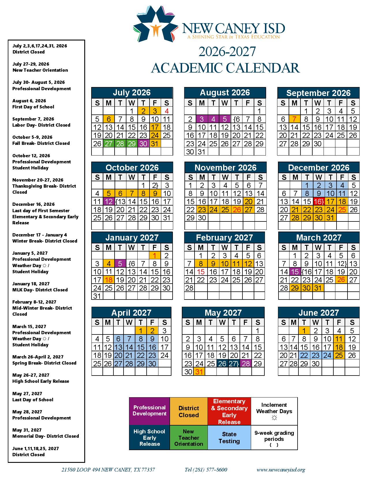 New Caney Independent School District Calendar 2026-2027