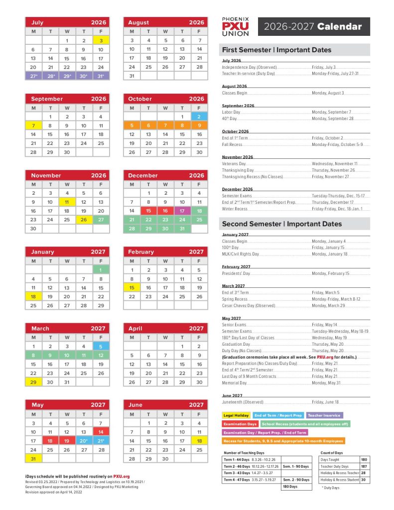 Phoenix Union High School District Calendar 2026-2027