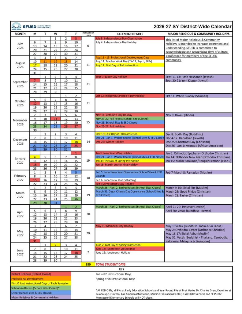 San Francisco Unified School District Calendar 2026-2027