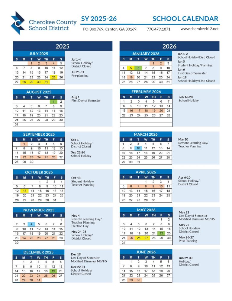 Cherokee County School District Calendar 2025 2026 Georgia
