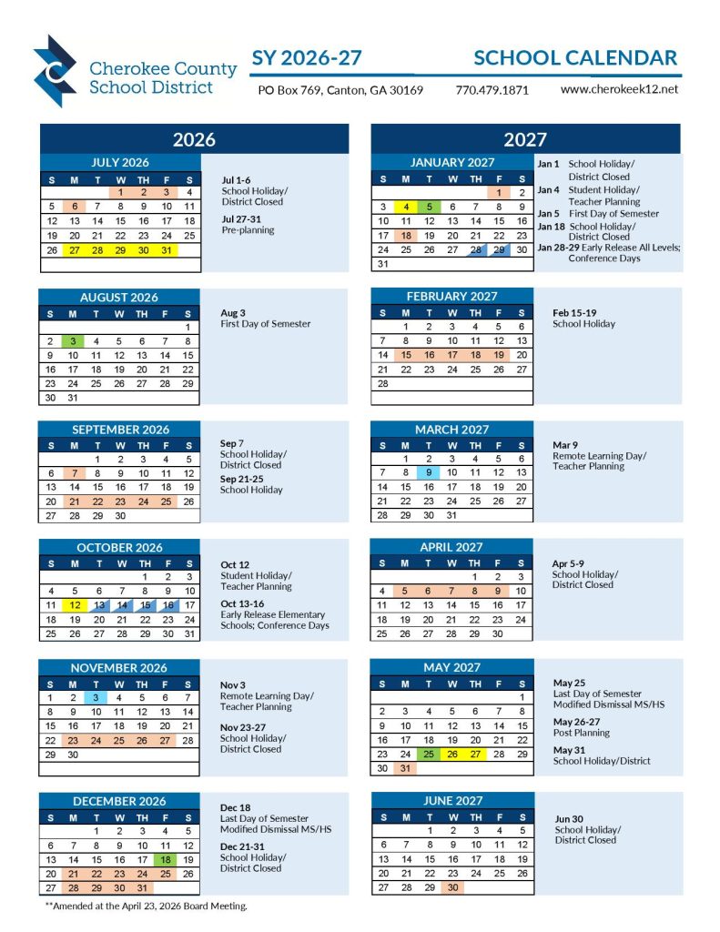 Cherokee County School District Calendar 2026-2027
