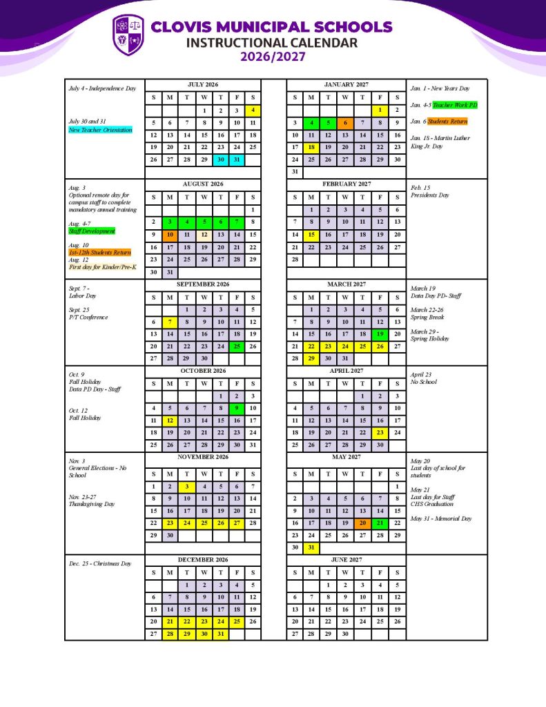 Clovis Municipal School District Calendar 2026-2027