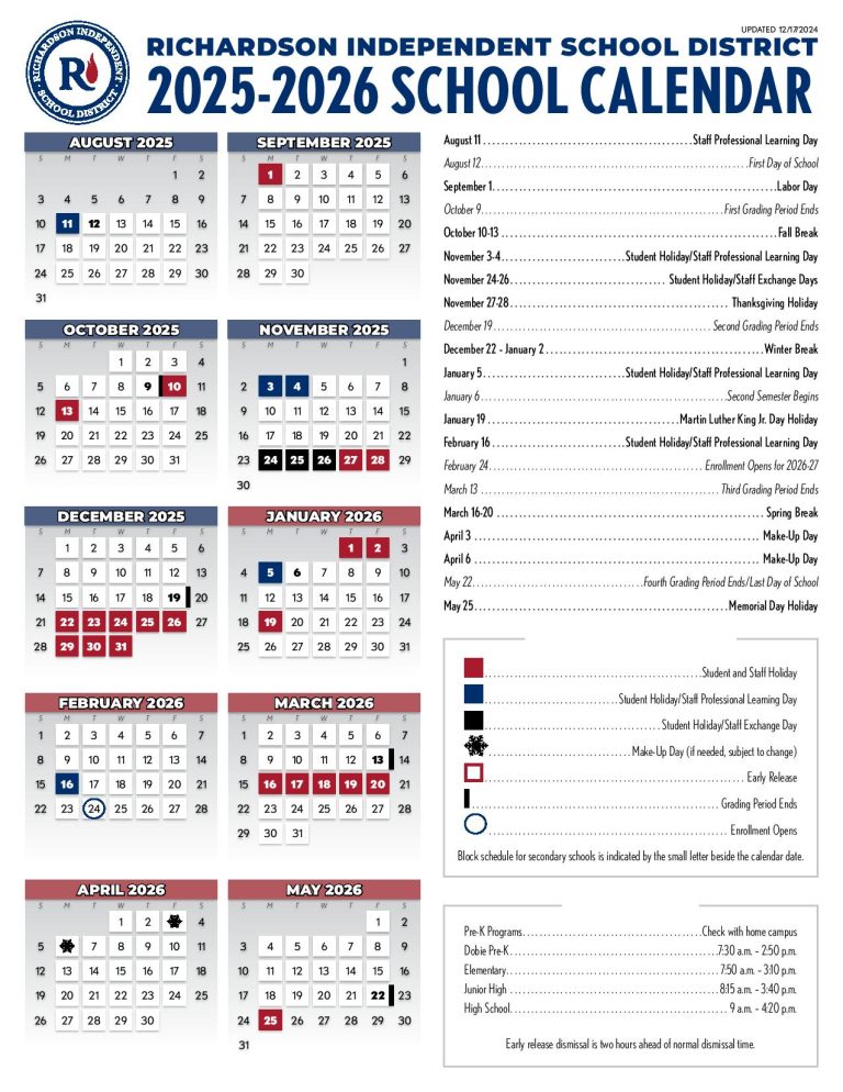 Richardson Independent School District Calendar 20252026 Richardson Independent School District Calendar 20252026
